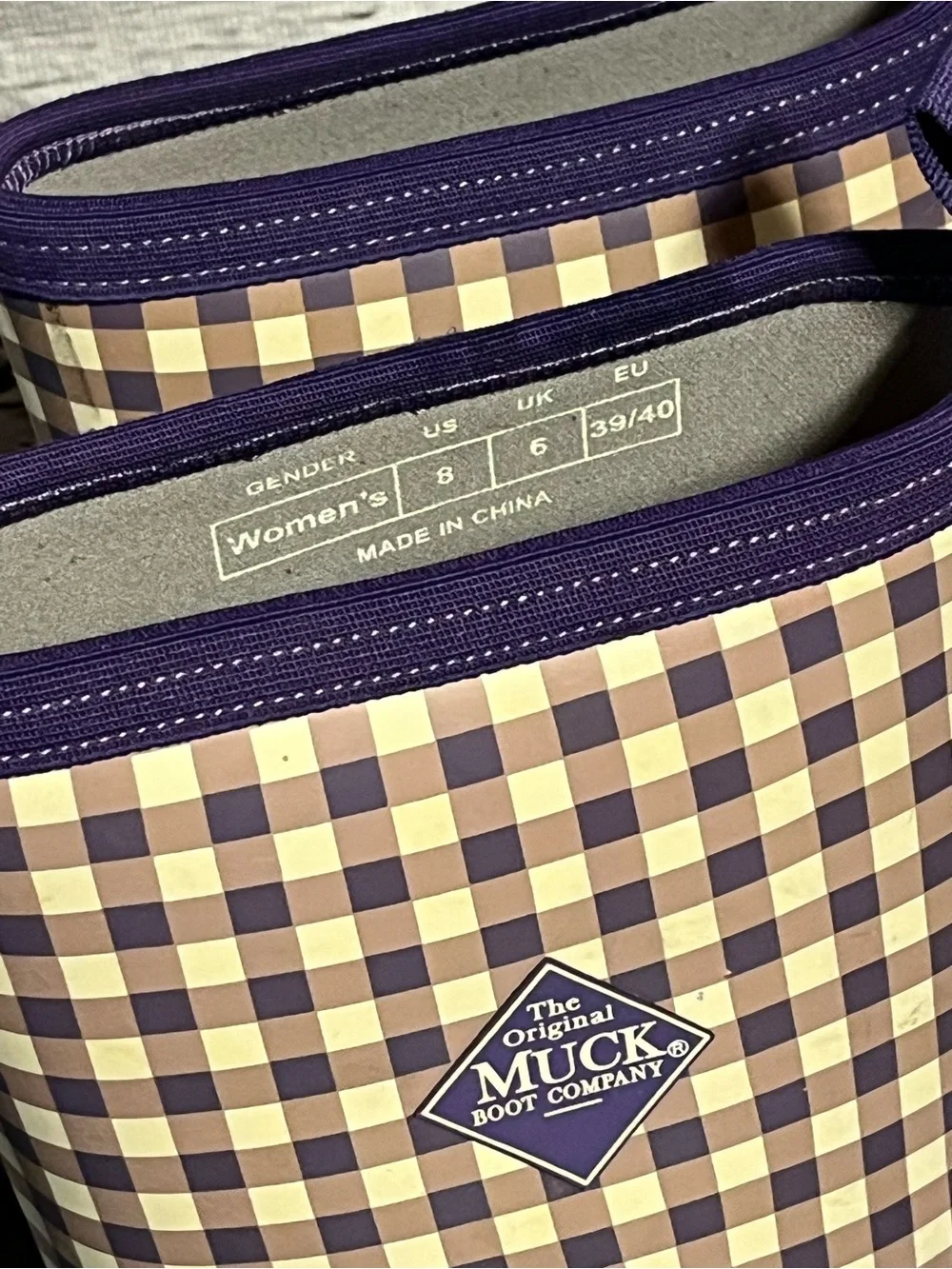 The Original Muck Boot Company Purple & Cream Gingham Rain Boots size 8